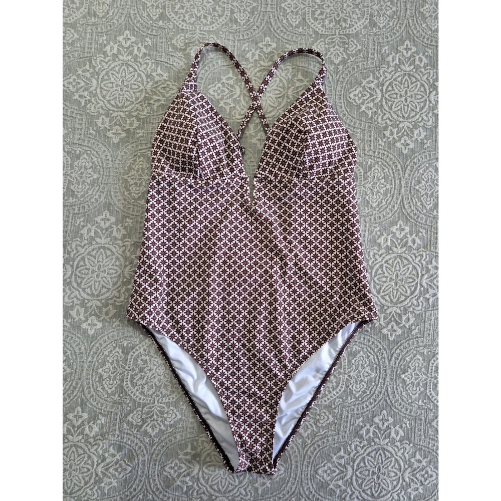 Cupshe One‎ Piece Swimsuit XL Brown White Geometric Floral V-Neck DAA12E5F012CJ